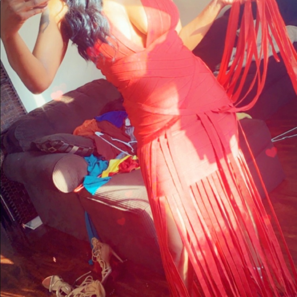 Red Bandage Fringe Halter Dress